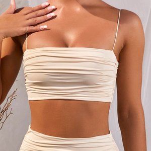 Oh Polly Frill Ruched Mini Skirt and Top in Ivory